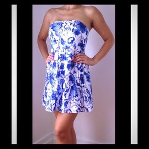 H&M blue/white strapless dress with pleated skirt. NWT